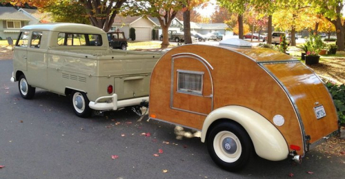 Vintage VW Truck Towing Classic Hand Built Wooden Teardrop Camper